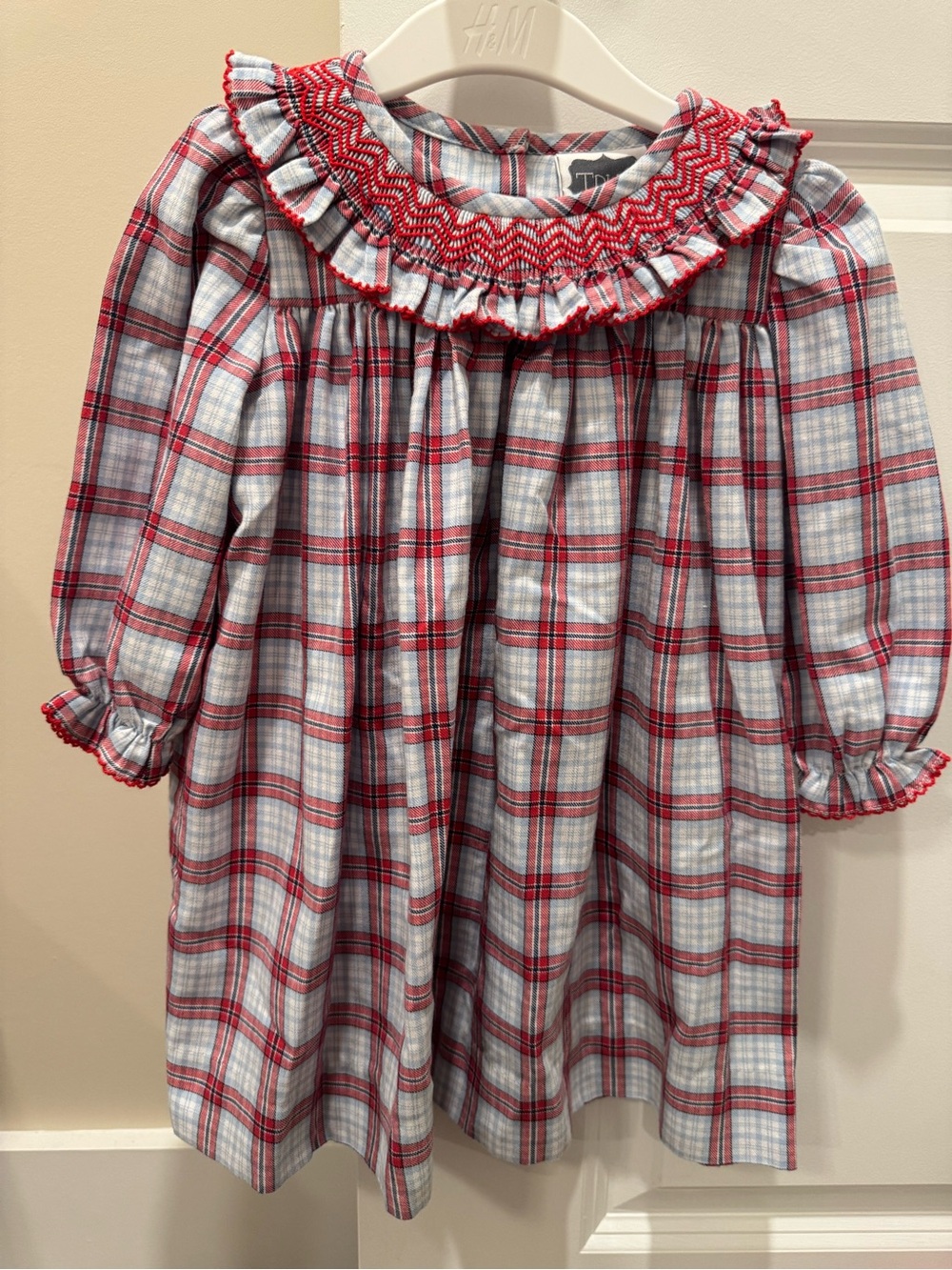 Girls Red and White Plaid Smocked Ruffle Dress